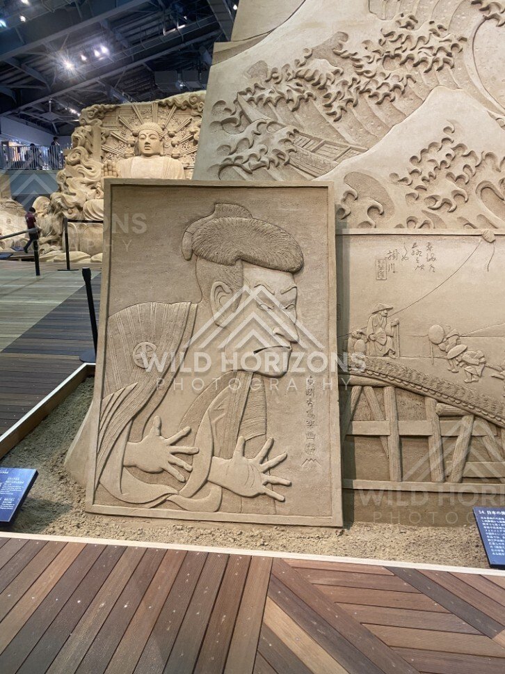 Sand Sculpture Portrait Panel of a Kabuki Actor in Traditional Costume. Tottori Sand Museum, Japan