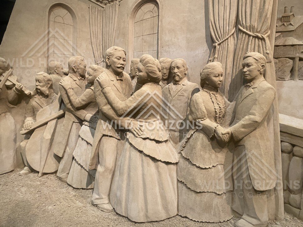 Sand Sculpture Ballroom Dance Scene with Couples in Formal Dress. Tottori Sand Museum, Japan