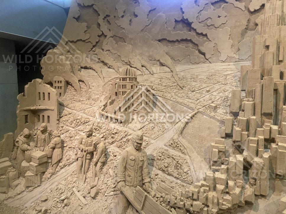 Sand Sculpture Depicting the Hiroshima Atomic Bomb Dome and Ruins. Tottori Sand Museum, Japan