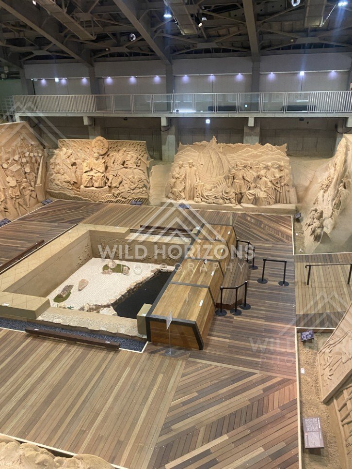 Sand Museum Gallery Scene with Relief Panels and Viewing Platforms. Tottori Sand Museum, Japan