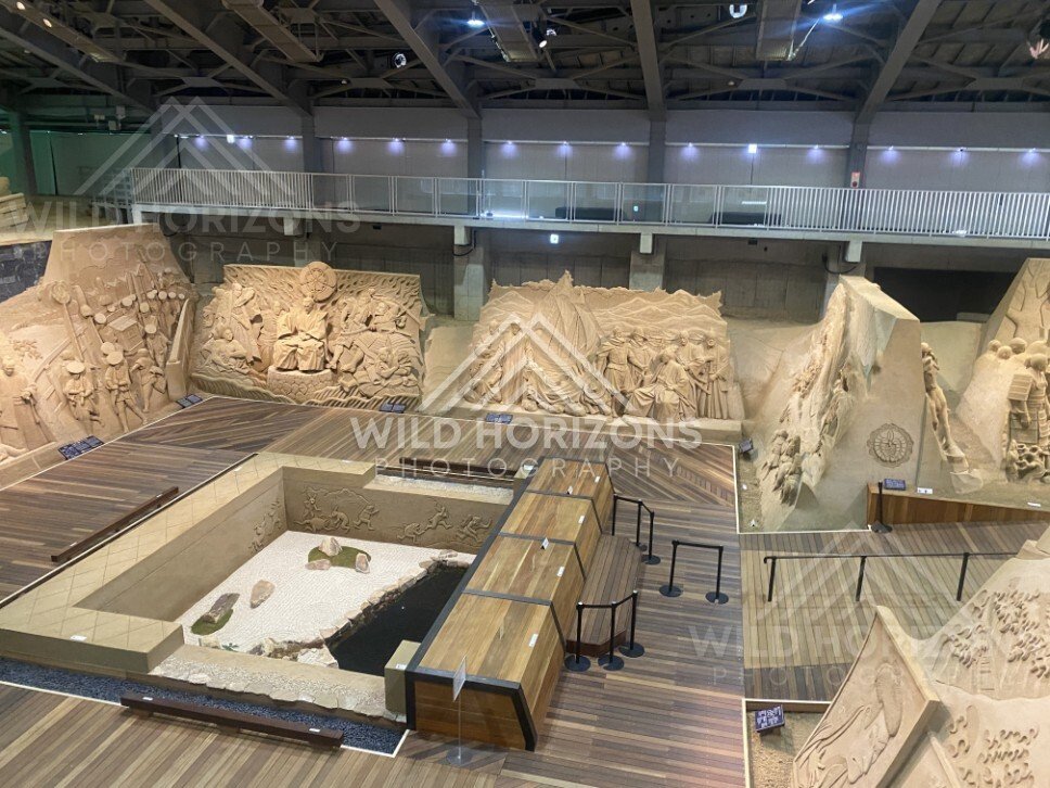 Sand Relief Panels of Historical Scenes Displayed in the Museum Hall. Tottori Sand Museum, Japan