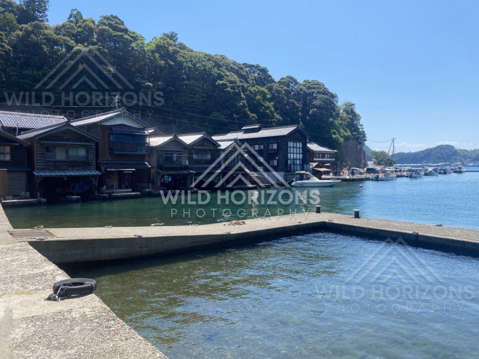 Shaded waterfront boathouses and moored boats along the harbour wall. Ine, Japan
