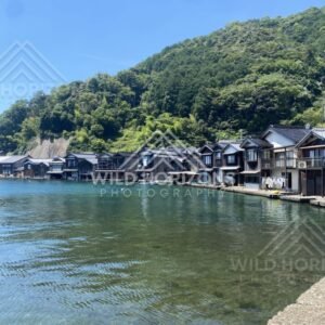 Funaya boathouses lining the shore with emerald water in the foreground. Ine, Japan