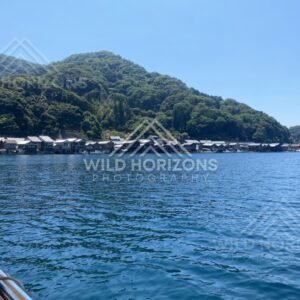 View from a boat toward the coastal village and wooded headlands. Ine, Japan