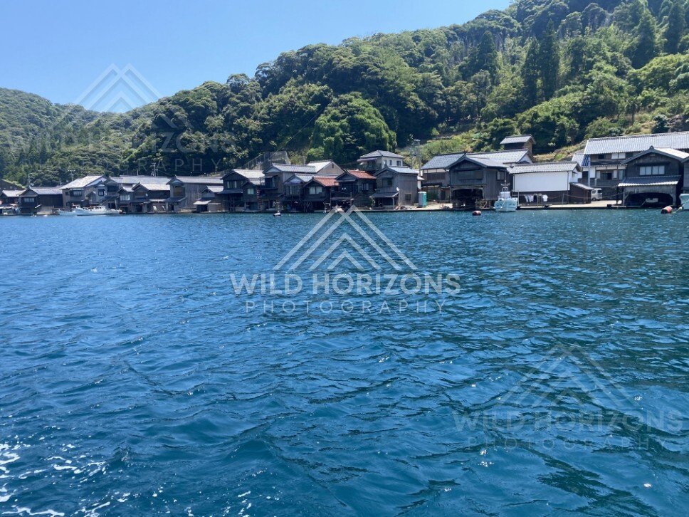Close view of the funaya waterfront with boats and hillside homes. Ine, Japan