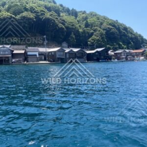 Colourful boathouse facades along the water’s edge in Ine. Ine, Japan