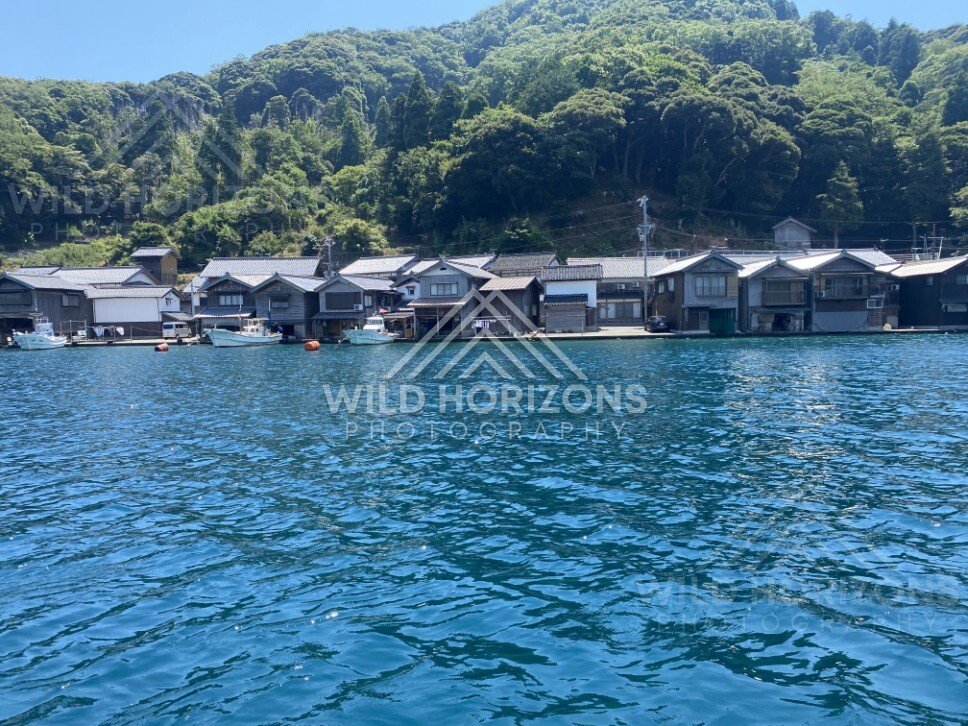 Fishing boats and buoys floating in front of the famous funaya row. Ine, Japan