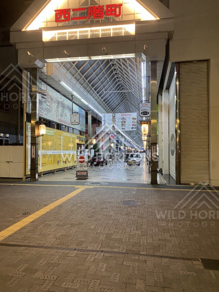 Entrance to a Covered Shopping Arcade With Neon Signage at Night. Nishinikai-machi Shopping Street, Japan.
