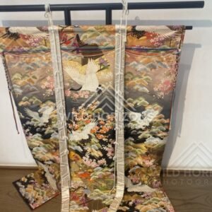 Ornate Japanese Kimono Displayed With Crane and Floral Embroidery. Himeji, Japan.
