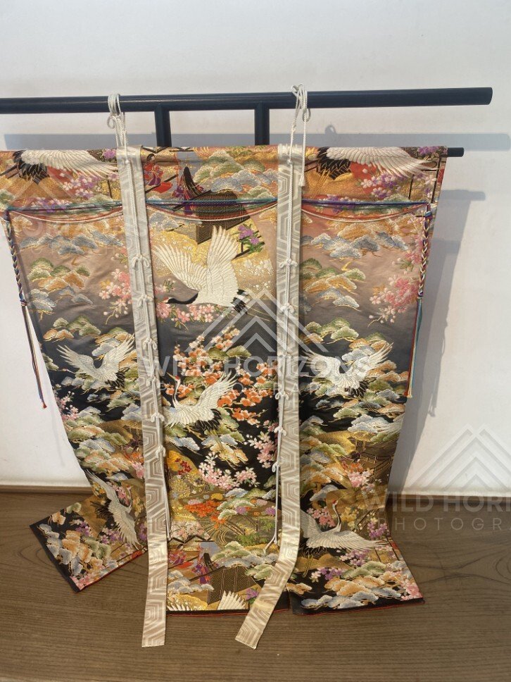 Ornate Japanese Kimono Displayed With Crane and Floral Embroidery. Himeji, Japan.
