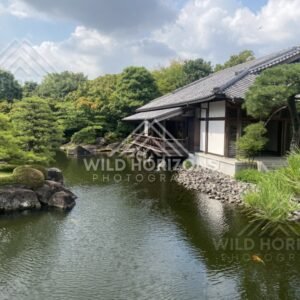 Traditional Teahouse Pavilion Overlooking a Garden Pond With Koi. Koko-en Garden, Japan.