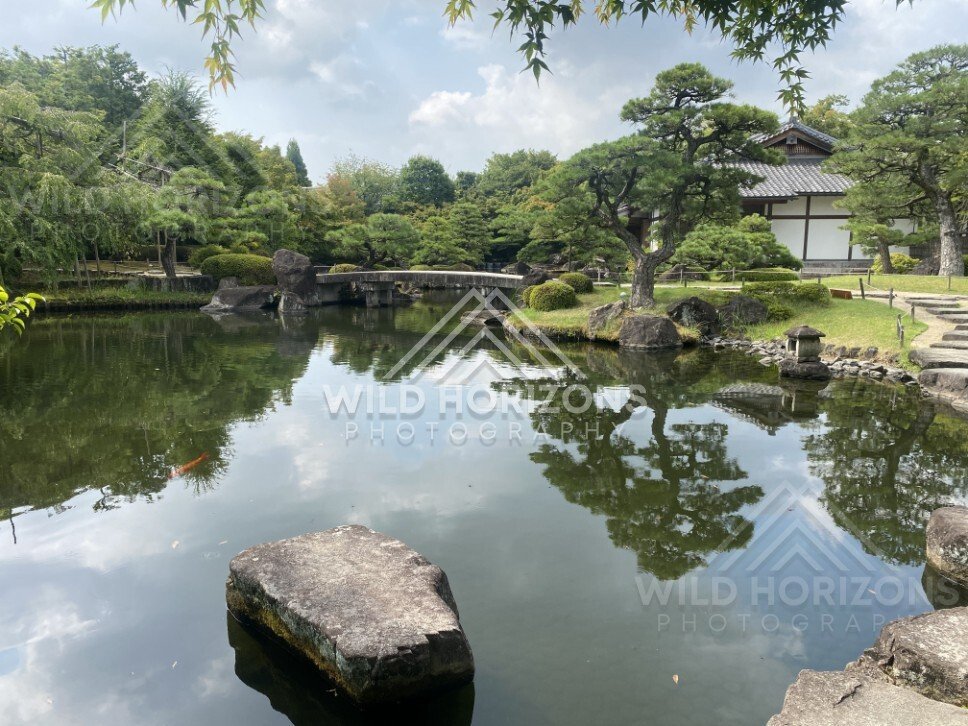 Garden Pavilion and Pines Across the Pond at Koko-en Garden. Himeji, Japan.
