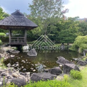 Thatched Pavilion and Stone Garden at Koko-en Garden. Himeji, Japan.