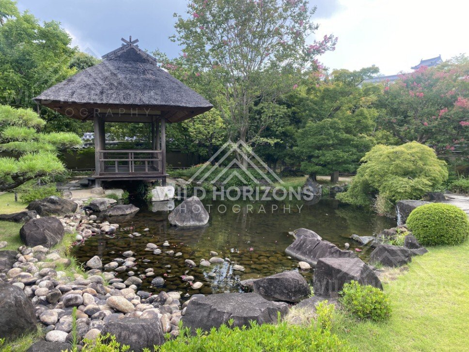Thatched Pavilion and Stone Garden at Koko-en Garden. Himeji, Japan.