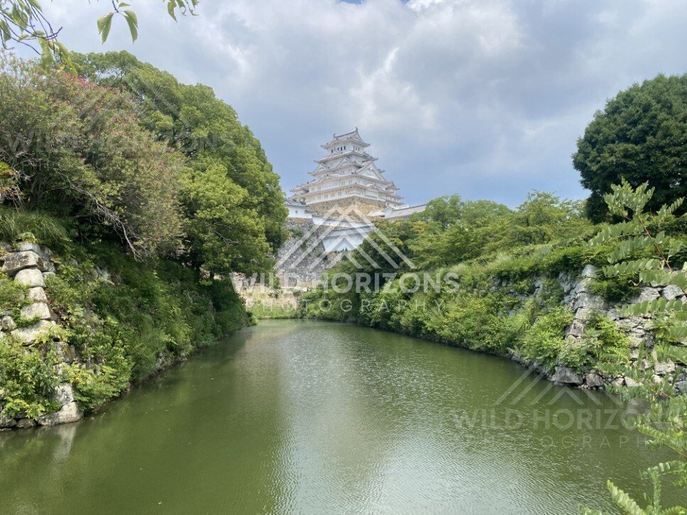 Tree-Lined Moat with Himeji Castle in the Distance. Himeji, Japan.