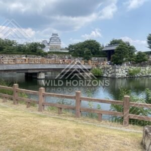 Wooden Bridge and Gate Beside the Moat at Himeji Castle. Himeji, Japan.