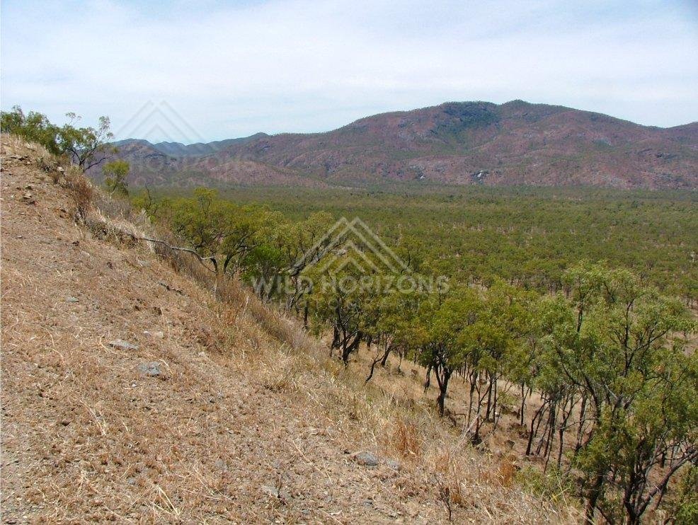 Dry hillside overlooking open eucalypt woodland. Lower Cape York, Australia.