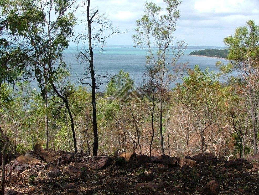 View across tropical bay framed by coastal woodland. Seisia, Australia.