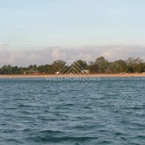 Sandy shoreline and coastal settlement viewed from offshore. Seisia, Australia.