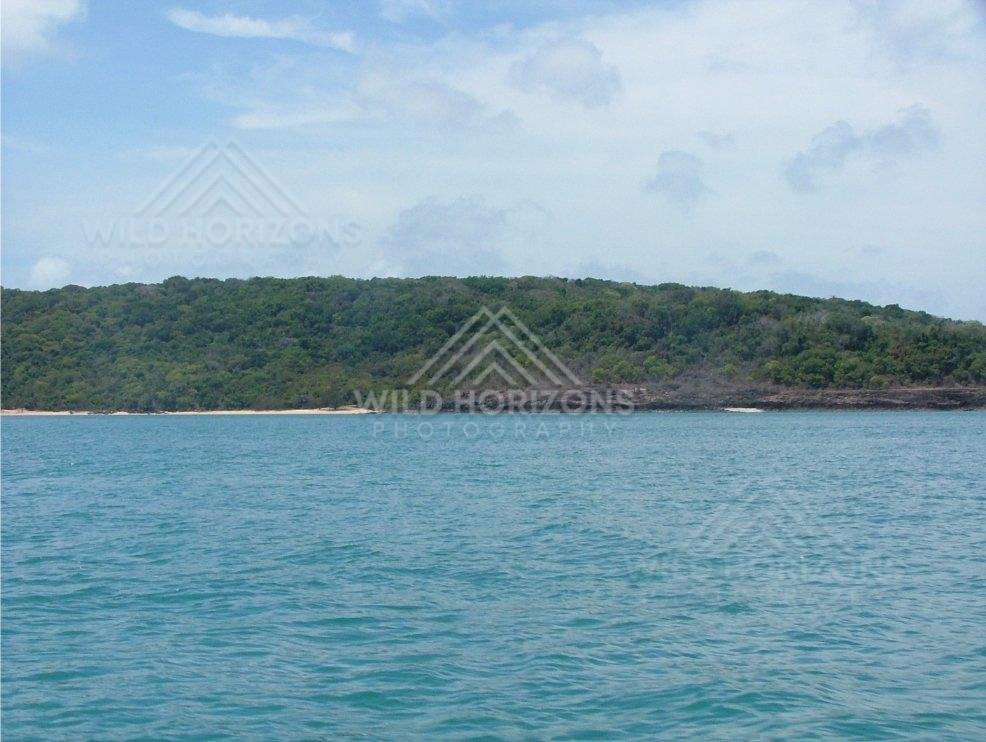 Forested island rising above turquoise coastal water. Seisia, Australia.