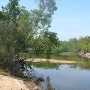 Tranquil bend of the Jardine River with sandy bank. Jardine River, Australia.