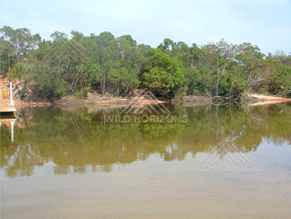 Still river water reflecting dense bushland along the bank. Jardine River, Australia.