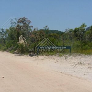 Roadside entry sign for Iron Range National Park beside sandy track. Iron Range National Park, Australia.