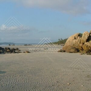 Granite boulders on the shoreline with offshore islands beyond. Chili Beach, Australia.
