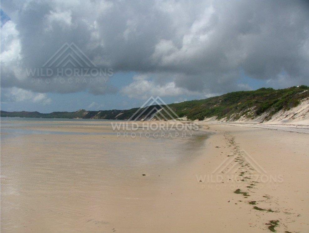 Along Elim Beach, wide tidal flats lie beneath dramatic storm clouds on a remote tropical shoreline. Elim Beach, Australia.