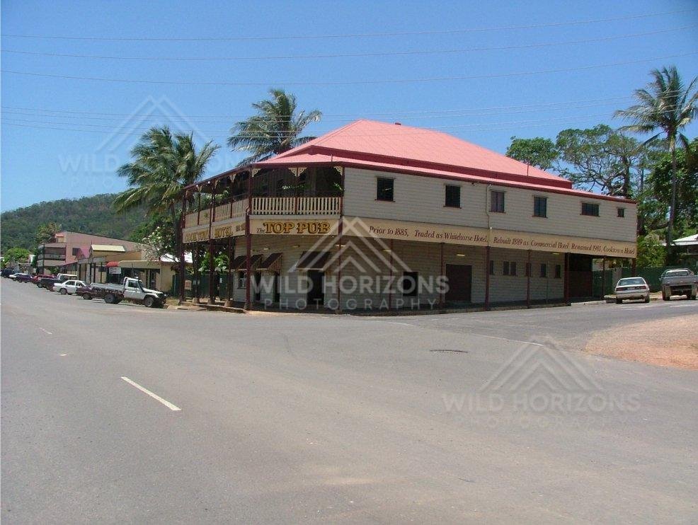 In Cooktown, a traditional two-storey tropical building stands along the historic main street. Cooktown, Australia.