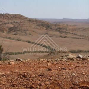 Across the Simpson Desert, a rocky gibber plain stretches toward distant mesas. Simpson Desert, Australia.