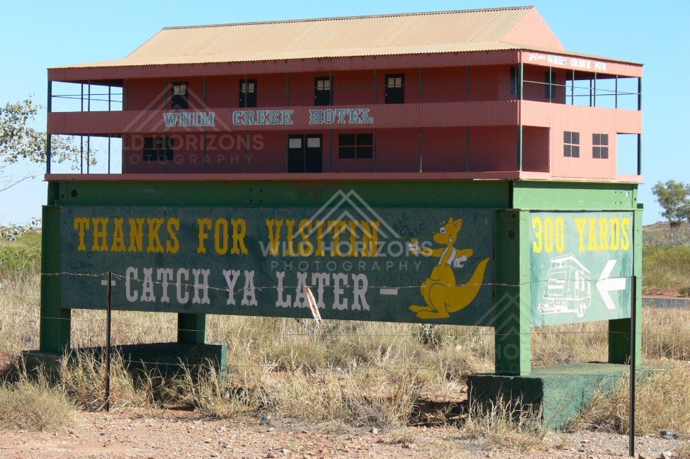 Roadside scale model of the Whim Creek Hotel beside the North West Coastal Highway. Pilbara, Australia.