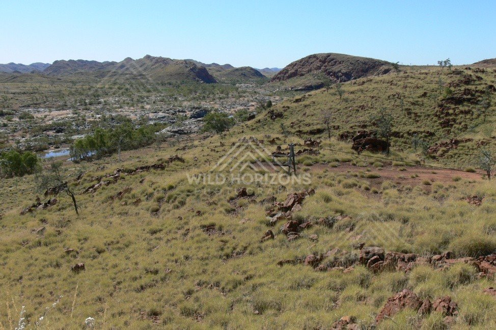 Stock gate overlooking a Pilbara valley with spinifex grassland. Pilbara, Australia.