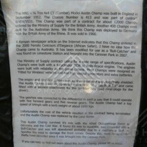 Interpretive sign describing a 1952 Austin Champ vehicle. Pilbara, Australia.