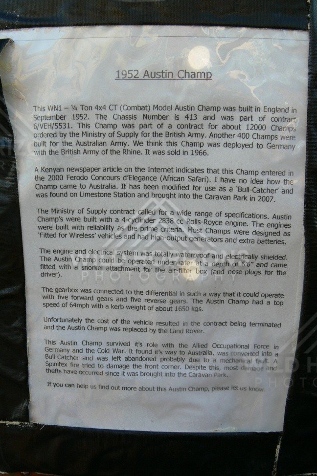 Interpretive sign describing a 1952 Austin Champ vehicle. Pilbara, Australia.