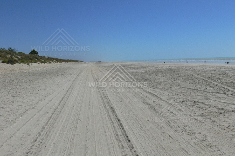 Vehicle tracks stretching along a remote white sand beach. Kimberley coast, Australia.
