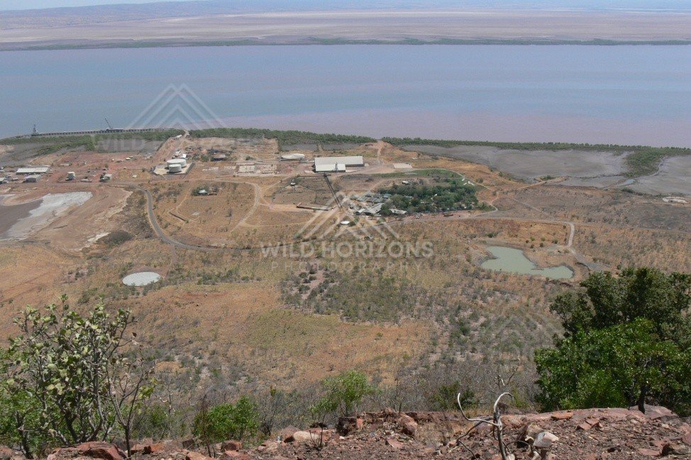 Aerial outlook across the Gulf town beside a wide tidal river. Normanton, Queensland, Australia.