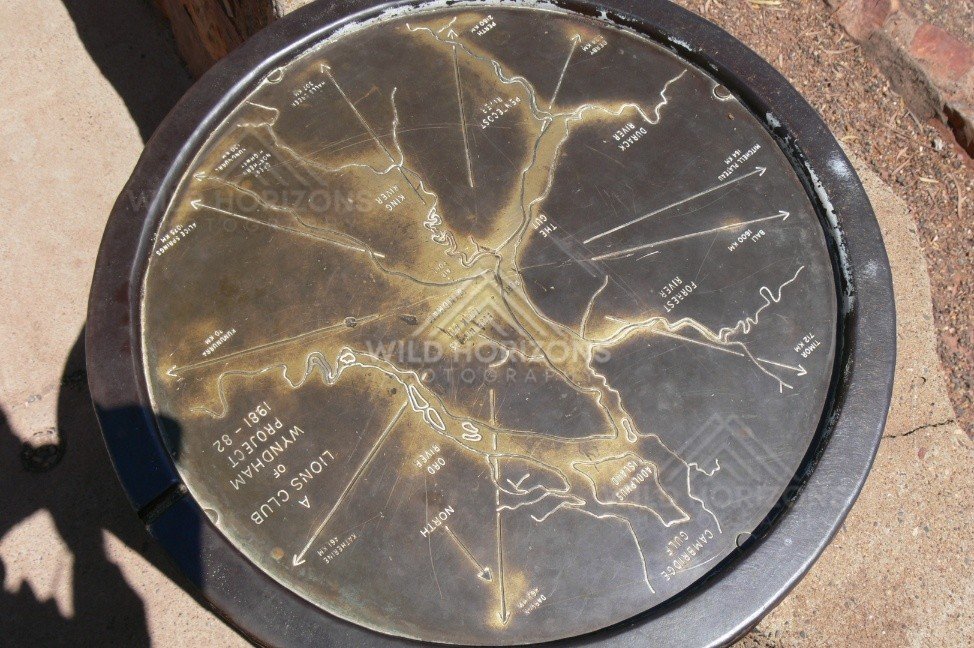 Bronze orientation table overlooking the Gulf Savannah landscape. Normanton, Queensland, Australia.