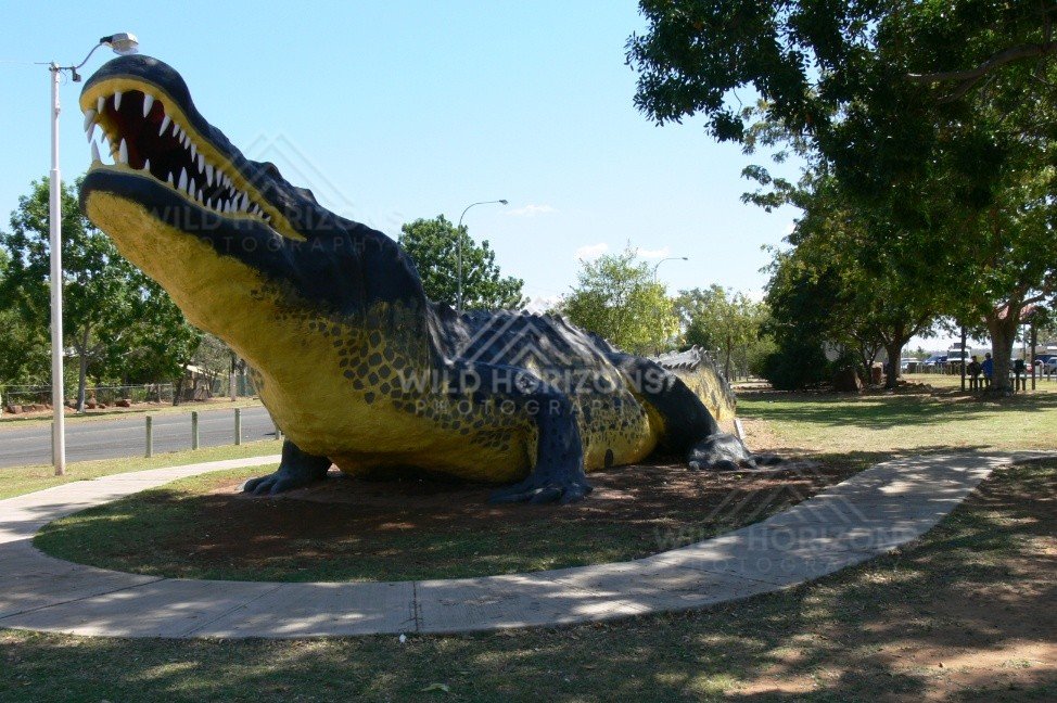Replica giant saltwater crocodile statue in the main street park. Normanton, Queensland, Australia.