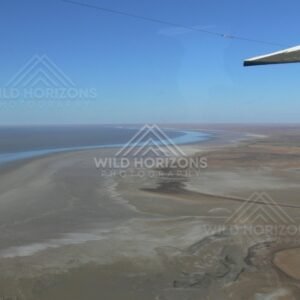 Curving shoreline of expansive Lake Eyre waters. Lake Eyre Basin, Australia.