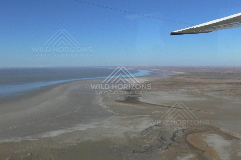 Curving shoreline of expansive Lake Eyre waters. Lake Eyre Basin, Australia.