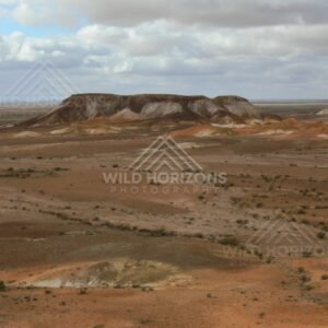 Weathered mesas rise above the ochre plains of the Breakaways with low desert shrubs scattered across the foreground. Kanku-Breakaways Conservation Park/Coober Pedy, Australia.