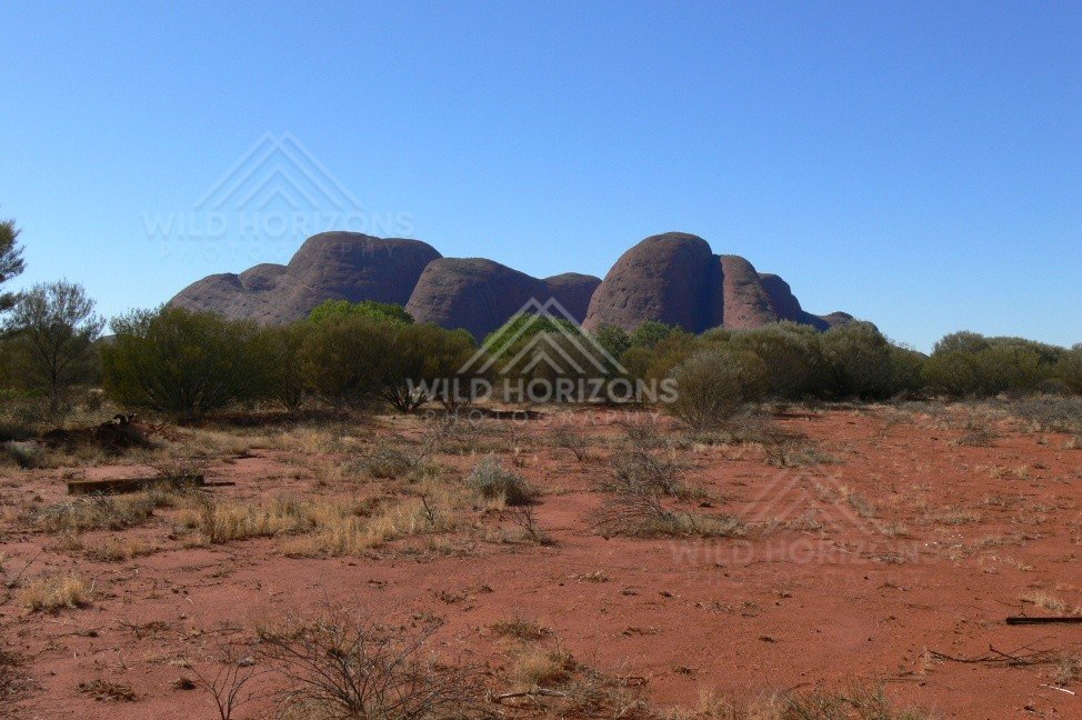 Kata Tjuta domes viewed across red sandy plains. Uluru–Kata Tjuta National Park, Australia.