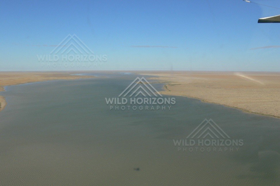 Expansive inland floodwaters viewed from the air. Lake Eyre Basin, Australia.