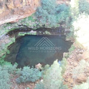 Permanent desert waterhole surrounded by steep sandstone walls and cycads. Central ranges region, Australia.