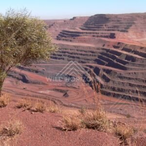 Terraced walls of a deep open-cut iron-ore mine with spinifex in the foreground. Pilbara, Australia.