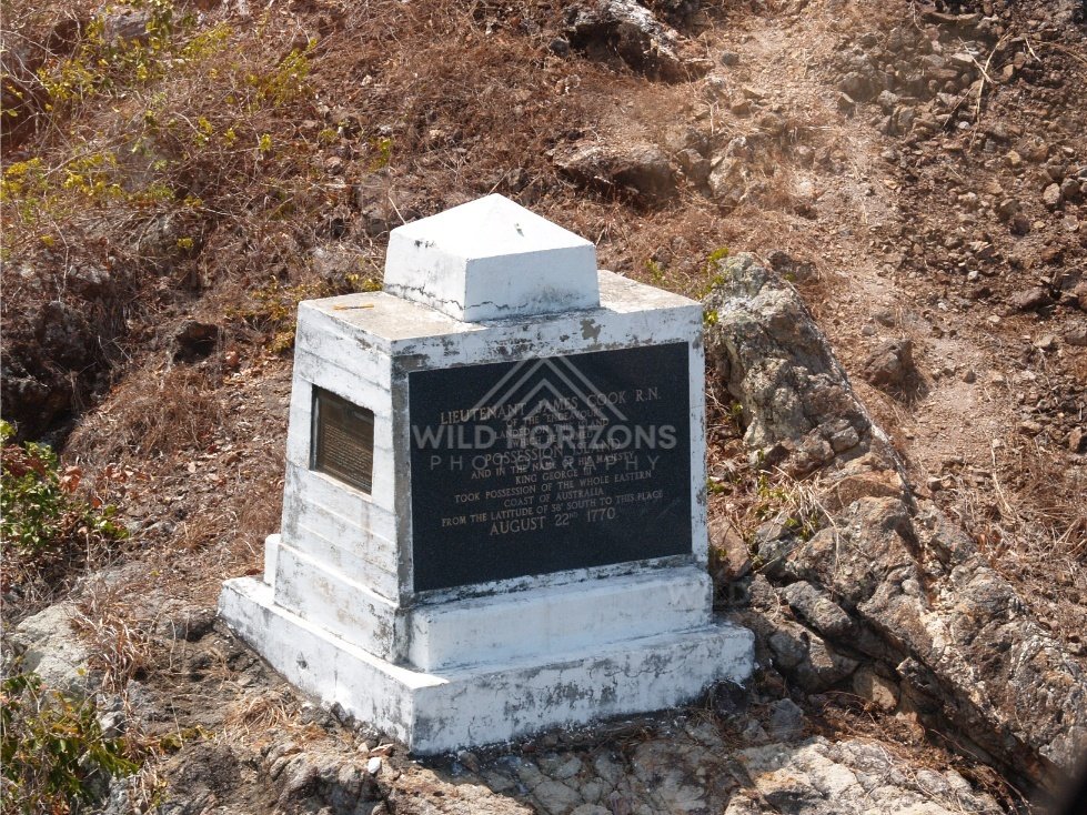 Cook monument plaque on Possession Island stone base. Possession Island, Queensland, Australia.
