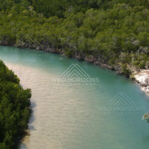 Tidal channel with green mangroves on both banks. Cape York, Queensland, Australia.