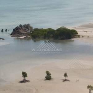 Sand flats with small trees and offshore outcrop. Cape York, Queensland, Australia.