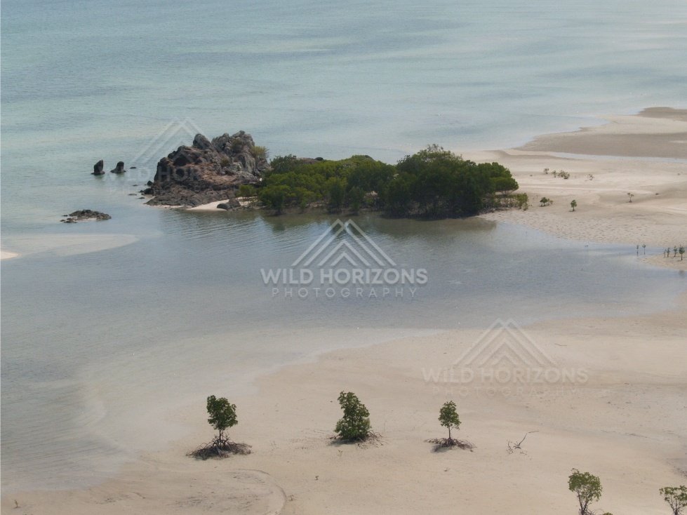 Sand flats with small trees and offshore outcrop. Cape York, Queensland, Australia.